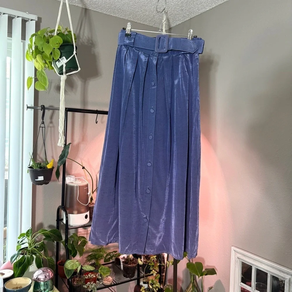 Componix Midi Skirt Womens 7/8 Blue Belted Pleated Button Front Vintage Retro‎